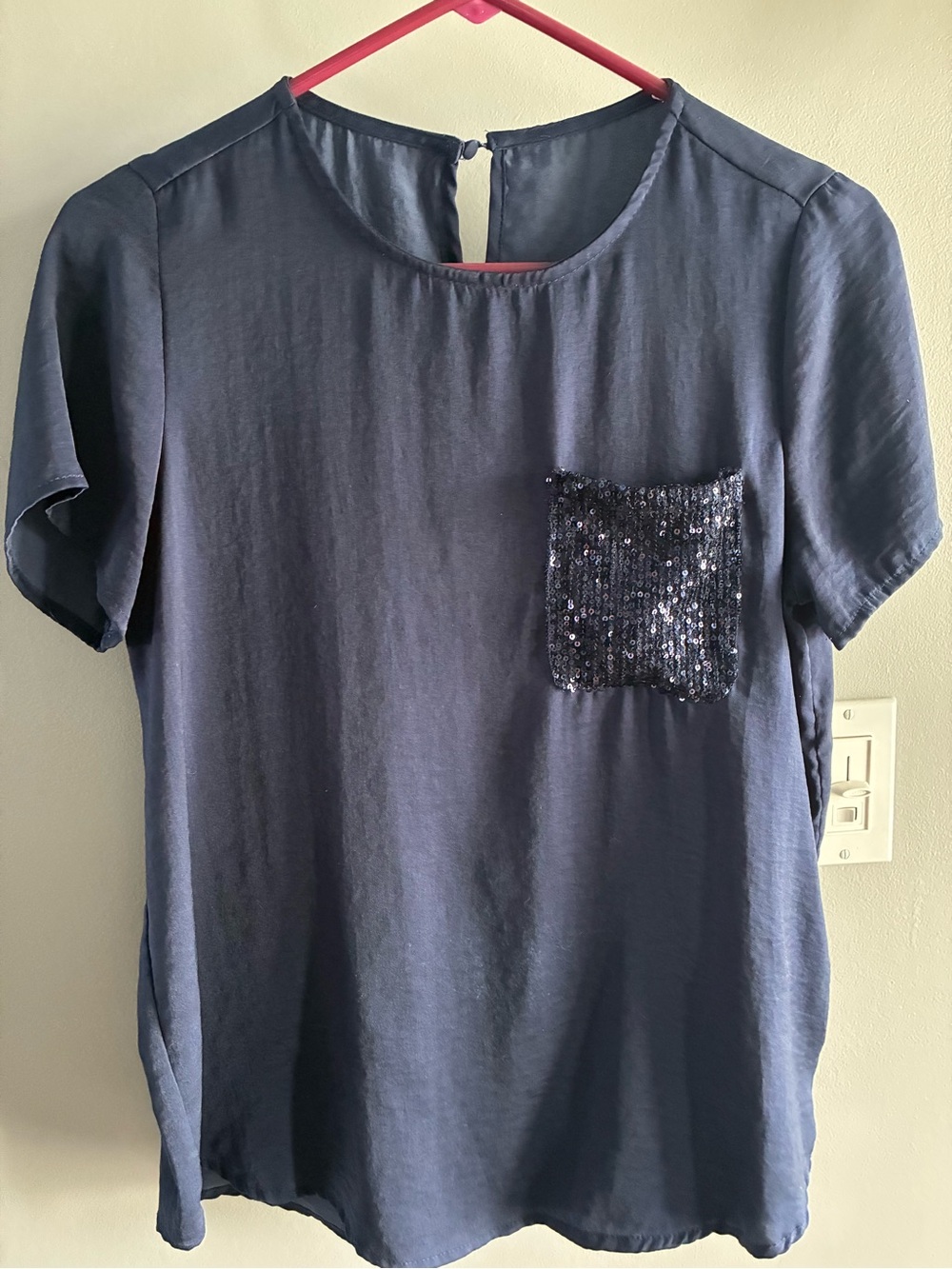 Blue Sol Woman’s Navy Sequin Pocket Short Sleeve Top